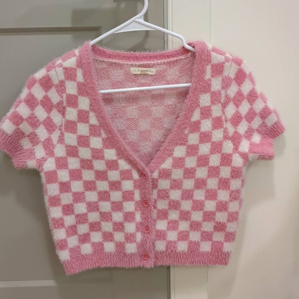 Pink la hearts sweater vest, size medium